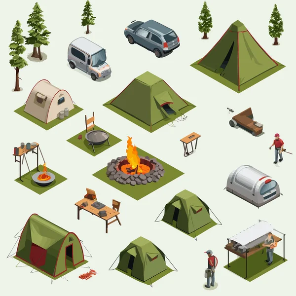 Camping Conjunto Isométrico Vector Plano Minimalista Aislado Ilustración — Archivo Imágenes Vectoriales