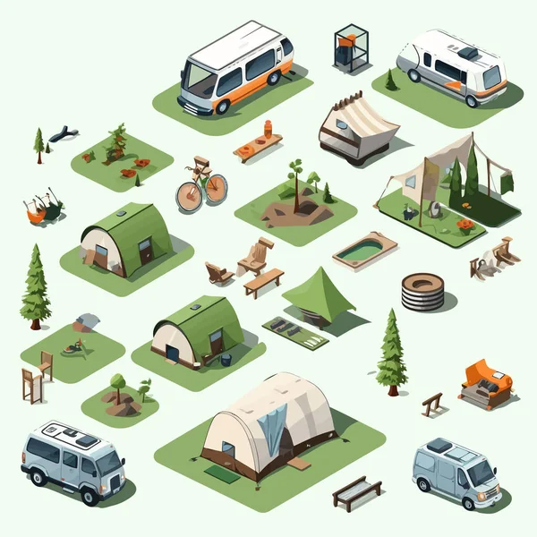 Camping Set Ισομετρική Διανυσματική Επίπεδη Μινιμαλιστική Απεικόνιση — Διανυσματικό Αρχείο