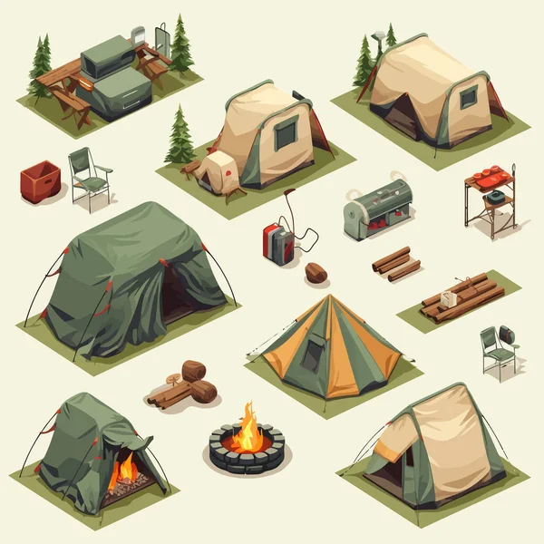 Ensemble Camping Vecteur Isométrique Plat Minimaliste Illustration Isolée — Image vectorielle
