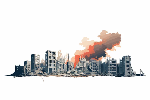 Elpusztult Város Lerombolt Épületek Tűz Füst Elszigetelt Illusztráció — Stock Vector