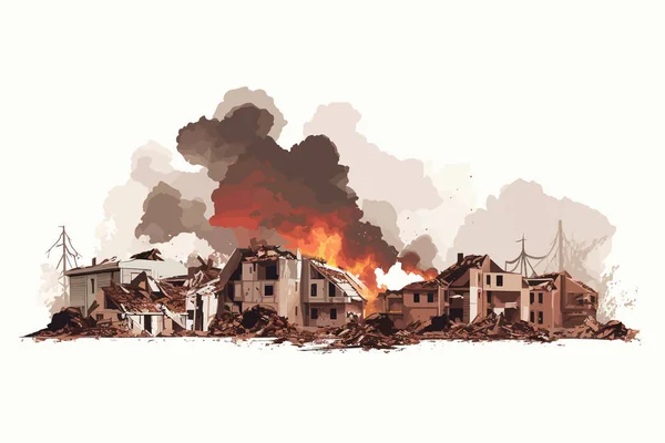 Verwoeste Stad Vernielde Gebouwen Brand Rook Geïsoleerde Illustratie — Stockvector
