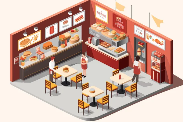 Fastfood Interior Isometric Vector Flat Isolated Illustration — Stock Vector