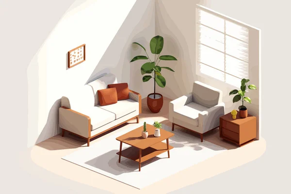 Izometrický Vektor Obývacího Pokoje Ploché Minimalistické Izolované Ilustrace — Stockový vektor