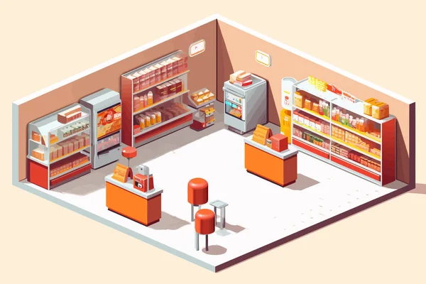 Izometrický Vektor Interiéru Supermarketu Ploché Izolované Ilustrace — Stockový vektor