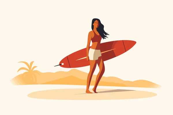 Žena Surfařským Vektorem Ploché Minimalistické Izolované Ilustrace — Stockový vektor