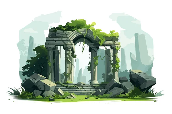 Ruína Templo Antigo Floresta Vetor Plana Ilustração Isolada — Vetor de Stock
