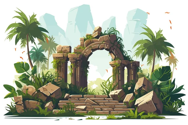 Ruína Templo Antigo Selva Vetor Plana Ilustração Isolada — Vetor de Stock