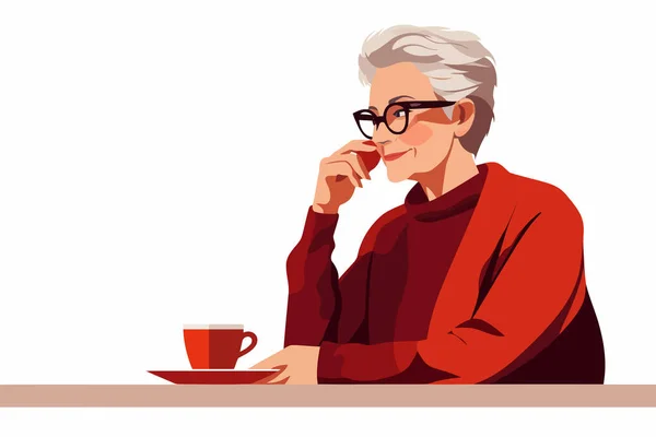 Donna Anziana Bere Caffè Vettore Piatto Isolato Illustrazione — Vettoriale Stock
