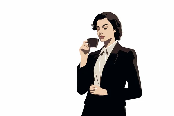 Žena Obchodním Obleku Pití Kávy Vektor Izolované Ilustrace — Stockový vektor