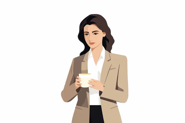 Frau Business Anzug Trinkt Kaffee Vektor Isolierte Illustration — Stockvektor