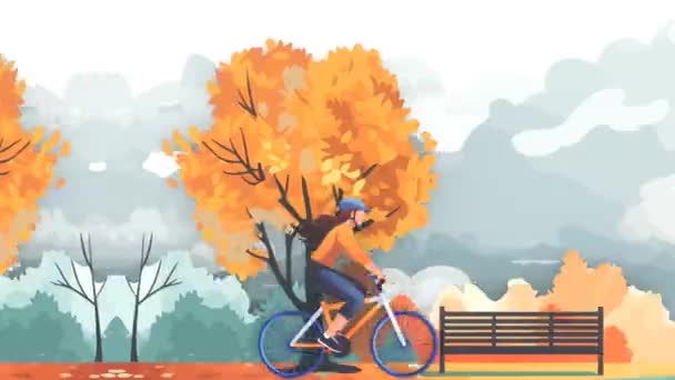 Woman Riding Bike Autumn Park Looped Video Animation — Stock Video