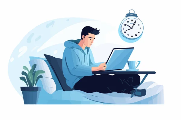 Person Bed Working Laptop Vector Flat Isolated Illustration — Stock Vector