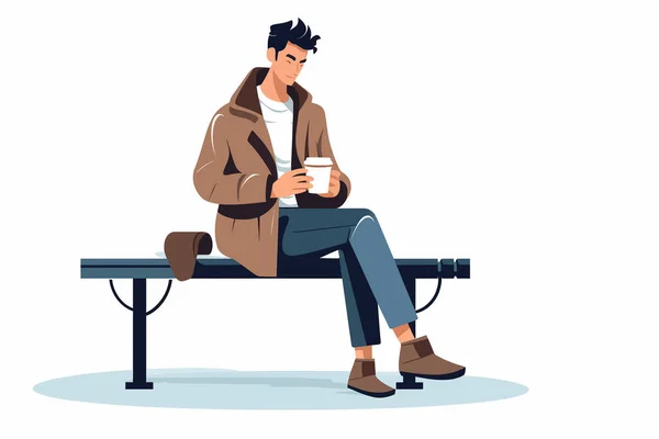 Person Bench Drinking Coffee Vector Flat Isolated Illustration — Stock Vector