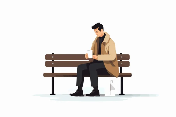 Person Bench Drinking Coffee Vector Flat Isolated Illustration — Stock Vector