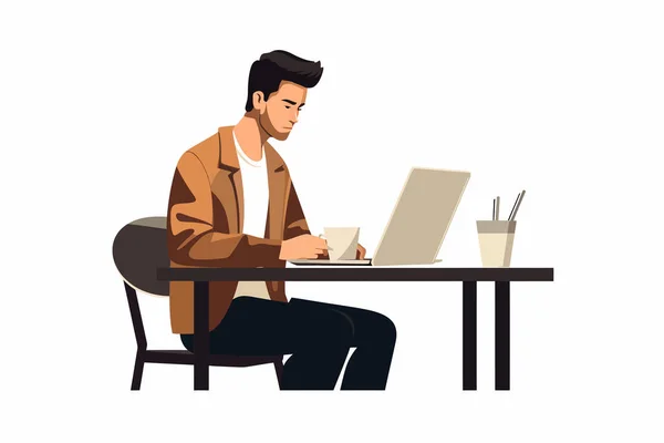 Persona Con Laptop Bere Caffè Vettore Piatto Isolato Illustrazione — Vettoriale Stock