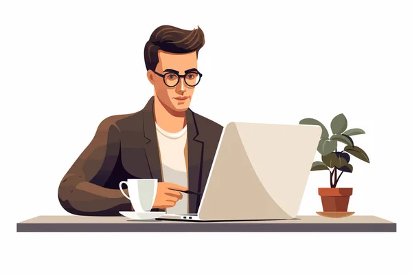 Person Laptop Drinking Coffee Vector Flat Isolated Illustration — Stock Vector