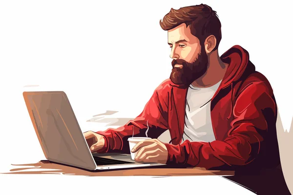 Persona Con Laptop Bere Caffè Vettore Piatto Isolato Illustrazione — Vettoriale Stock