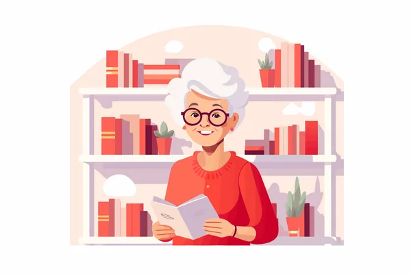 Ηλικιωμένη Γυναίκα Στο Βιβλιοπωλείο Διάνυσμα Επίπεδη Μινιμαλιστική Απομονωμένη Εικόνα — Φωτογραφία Αρχείου