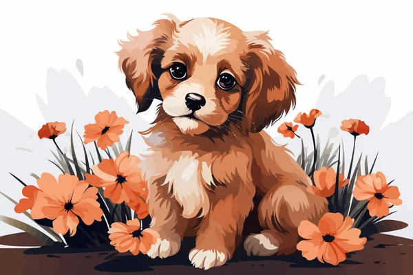 puppy sitting between flowers vector flat isolated illustration