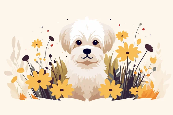 puppy sitting between flowers vector flat isolated illustration