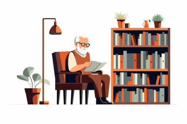 Kitapçıdaki yaşlı adam vektör düz minimalist izole illüstrasyon