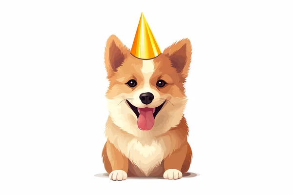 Glücklicher Hund Zum Geburtstag Kegel Hut Vektor Flach Isoliert Illustration — Stockvektor