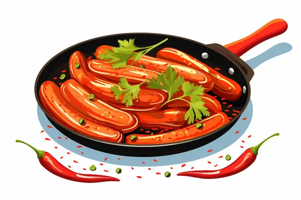 Fried Sausages Frying Pan Vector Flat Isolated Illustration — Stock Vector