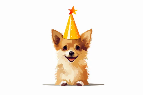 Szczęśliwy Pies Wering Urodziny Stożek Kapelusz Wektor Płaski Izolowane Ilustracja — Wektor stockowy