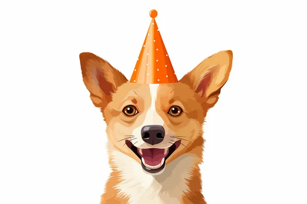 Happy Dog Wering Verjaardag Kegel Hoed Vector Platte Geïsoleerde Illustratie — Stockvector