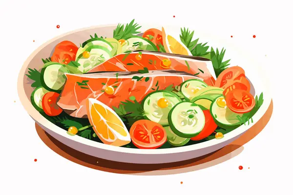 ヘリングと野菜 夏のサラダベクターフラット孤立したイラスト — ストックベクタ