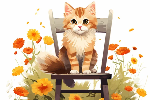 Kucing Duduk Antara Vektor Bunga Datar Ilustrasi Terisolasi - Stok Vektor