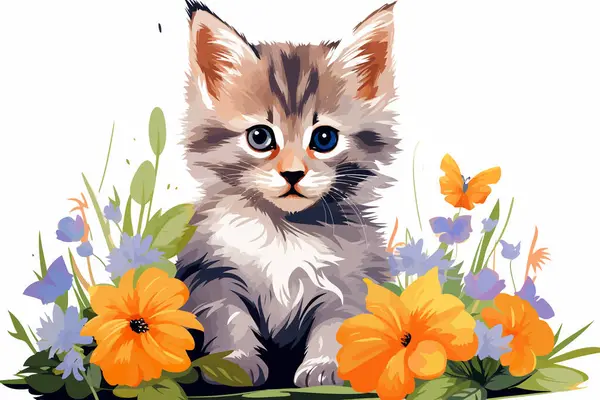 Kitten Sitting Flowers Vector Flat Isolated Illustration — Stock Vector