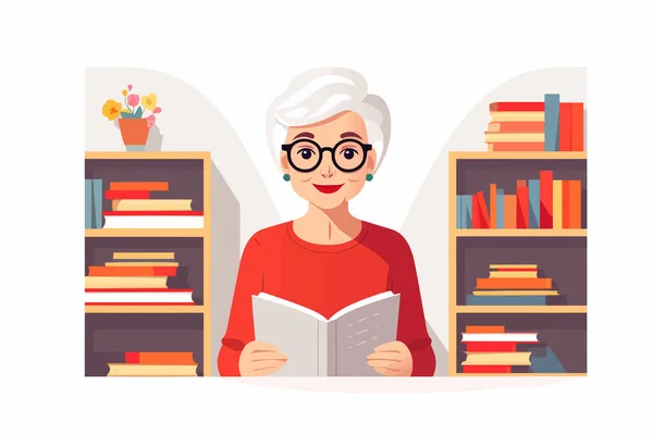 Ηλικιωμένη Γυναίκα Στο Βιβλιοπωλείο Διάνυσμα Επίπεδη Μινιμαλιστική Απομονωμένη Εικόνα — Διανυσματικό Αρχείο