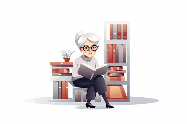 Ηλικιωμένη Γυναίκα Στο Βιβλιοπωλείο Διάνυσμα Επίπεδη Μινιμαλιστική Απομονωμένη Εικόνα — Διανυσματικό Αρχείο