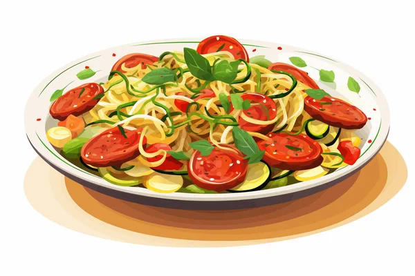 Pasta Dengan Tomat Zuccini Dan Vektor Salami Ilustrasi Terisolasi - Stok Vektor