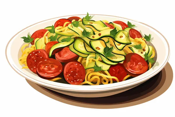 Pasta Con Tomate Zuccini Salami Vector Ilustración Aislada — Vector de stock