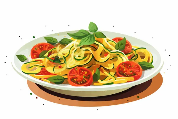 Pasta Com Tomate Zuccini Ilustração Isolada Vetor Salame — Vetor de Stock