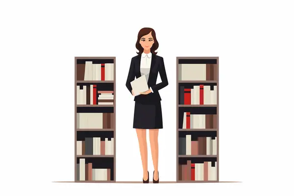 Žena Obchodním Obleku Knihkupectví Vektor Byt Izolované Ilustrace — Stockový vektor