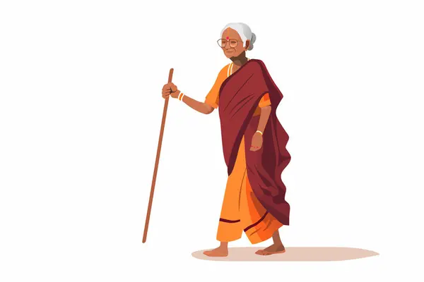 Indiano Bharat Vecchia Donna Vettore Piatto Isolato Vettore Stile Illustrazione — Vettoriale Stock