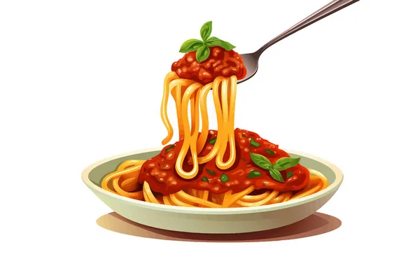 Espaguetis Con Salsa Boloñesa Colgando Tenedor Aislado Ilustración Estilo Vector — Vector de stock
