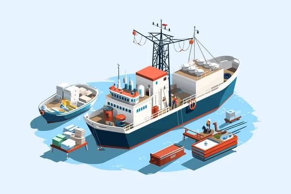 Balıkçılık Endüstrisi Izometrik Vektör Düz Izole Vektör Biçimi Çizimi — Stok Vektör