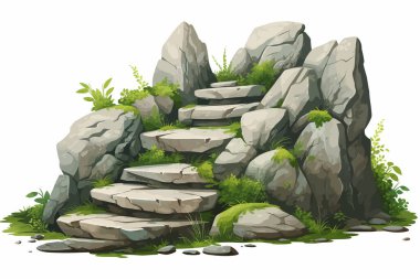Doğal bitki örtüsündeki kayalardan yapılmış merdivenler izole edilmiş vektör stili çizimi