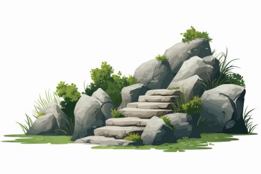 Doğal bitki örtüsündeki kayalardan yapılmış merdivenler izole edilmiş vektör stili çizimi
