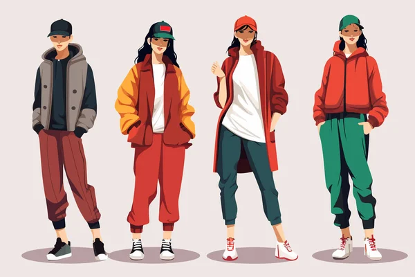 Fashionable Streetwear Outfits Bold Colors Isolated Vector Style Illustration — Stock Vector