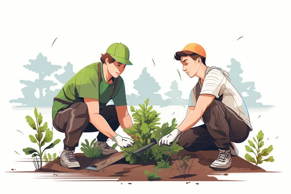 Volontariat Des Jeunes Pour Plantation Arbres Illustration Style Vectoriel Isolé — Image vectorielle