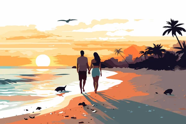 Ζευγάρι Απολαμβάνοντας Ένα Sunset Beach Walk Απομονωμένο Διανυσματικό Στυλ Εικονογράφηση — Διανυσματικό Αρχείο
