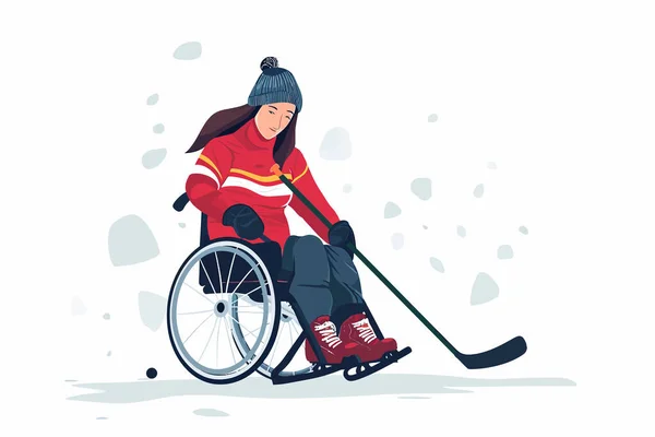 Femme Fauteuil Roulant Jouant Hockey Sur Luge Style Vectoriel Isolé — Image vectorielle
