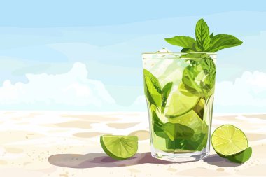 Güneşli plaj izole vektör tarzında mojito kokteyli.