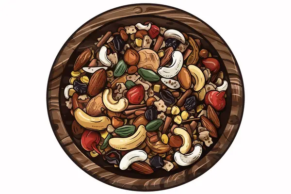 Gourmet Trail Mix Wooden Background Isolated Vector Style — Stock Vector
