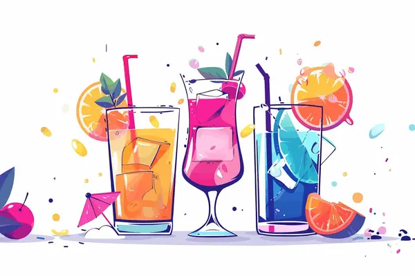 Cocktail Berwarna Cerah Pada Pesta Musim Panas Gaya Vektor Terisolasi Stok Ilustrasi 